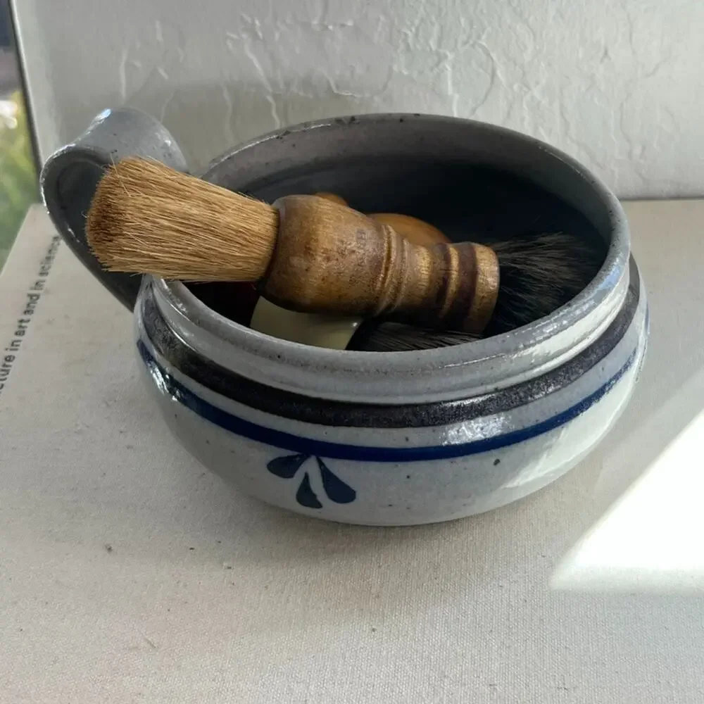 Studio Art Pottery Handmade Soup Bowl Handled Blue Striped Signed 5